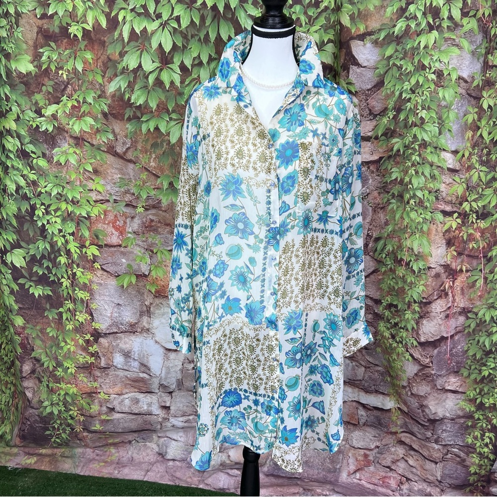 ROSE + OLIVE Blue and White Floral Boho Chiffon Longline Tunic/Dress, M - Picture 3 of 14